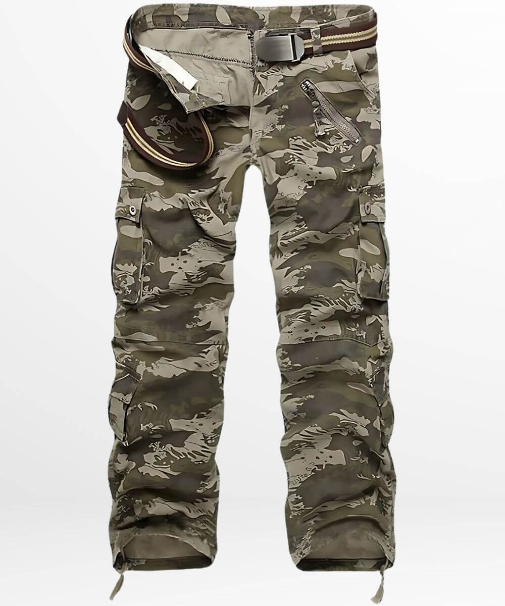 A pair of brown camouflage cargo pants with integrated belt, featuring multiple pockets and a tactical design, suitable for outdoor apparel.