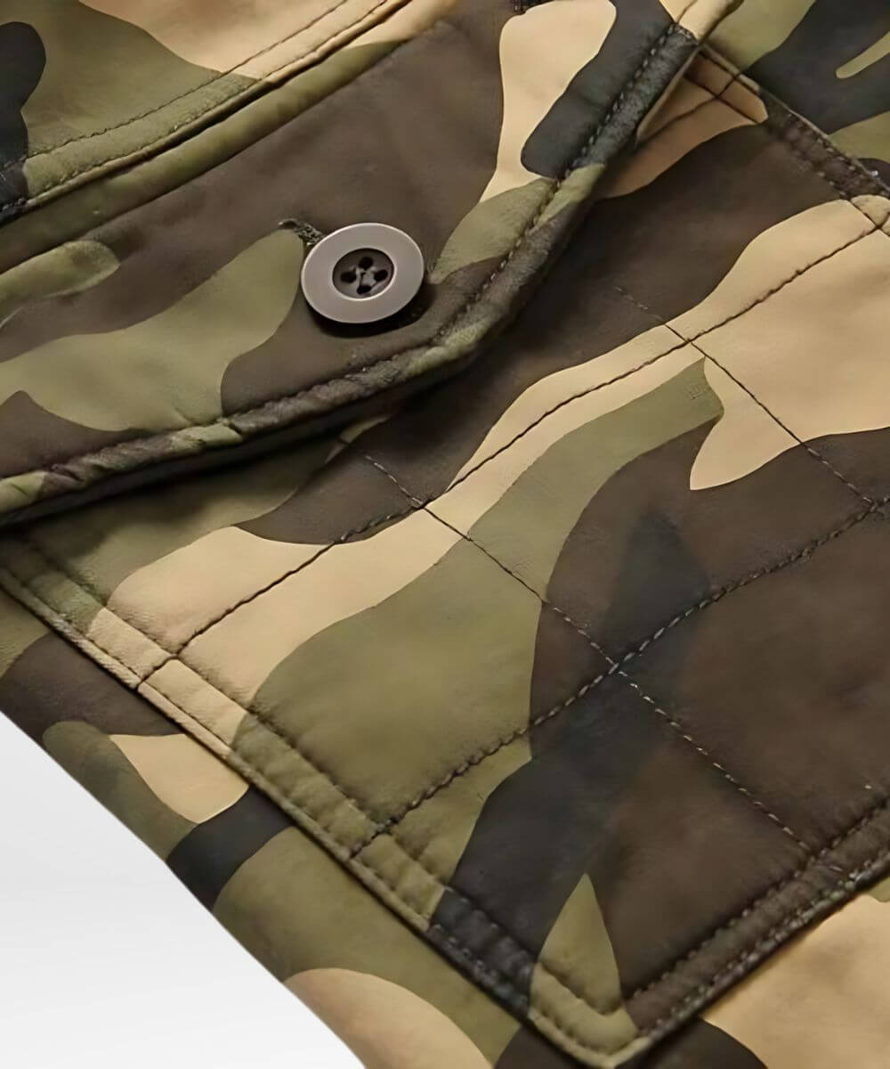 Macro shot of the button detail on military camo cargo pants, with focus on the intricate sewing and pattern.