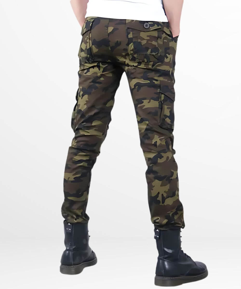 Rear view of camo cargo slim fit pants for men, highlighting the detailed stitching and pocket layout.