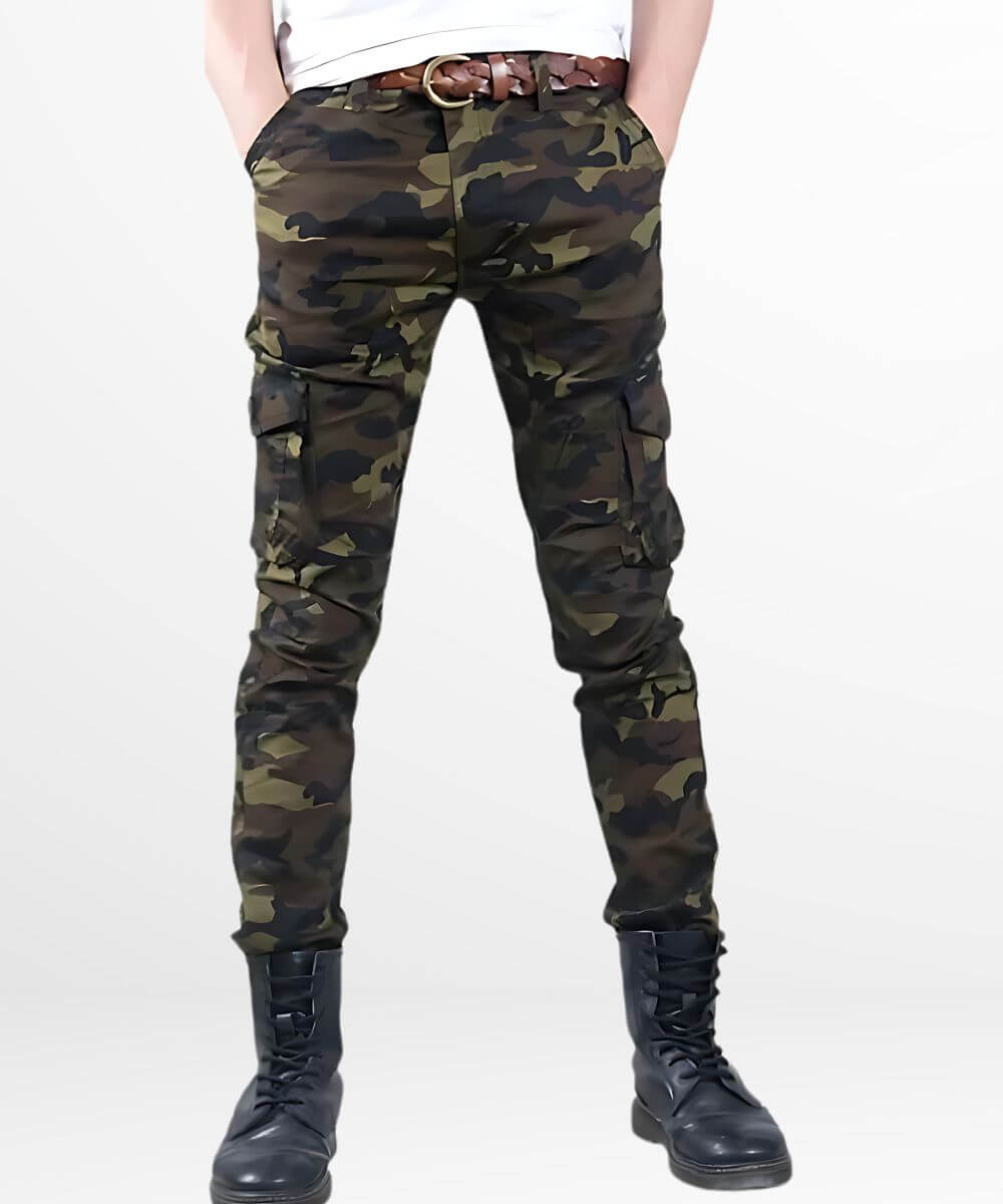 Front view of camo cargo pants for men in a slim fit design, paired with black combat boots.