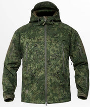 Weatherproof front view of a camouflage hunting jacket with hood and pixelated green pattern, ideal for hunting and outdoor sports.