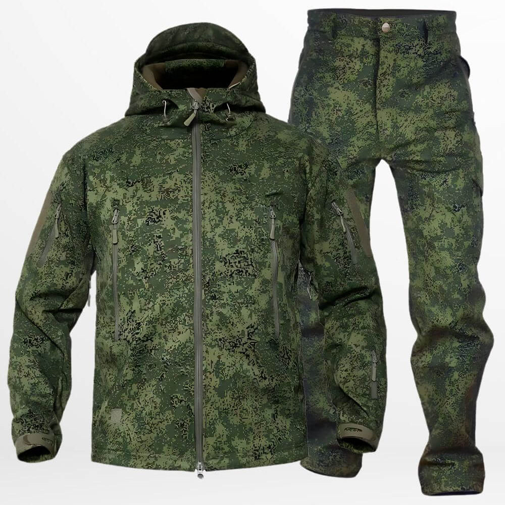 Camouflage hunting jacket and pants combo in green pixelated pattern, designed for concealment in outdoor environments.