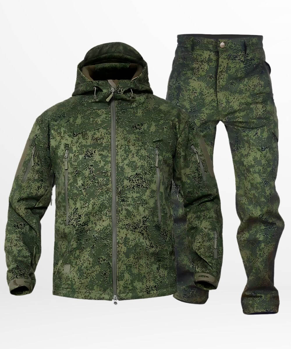 Camouflage hunting jacket and pants combo in green pixelated pattern, designed for concealment in outdoor environments.