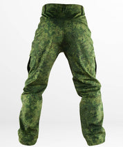 Back view of reinforced camo hunting pants showing detailed green pixelated pattern and sturdy design.