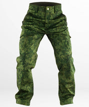 Front view of durable camo hunting pants with green pixelated design, suitable for rugged outdoor activities.