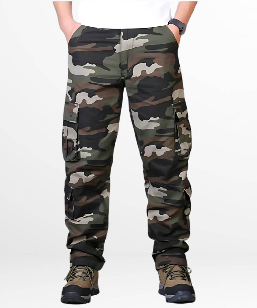 Men's camo hunting pants in front view paired with black tactical watch and hiking boots.