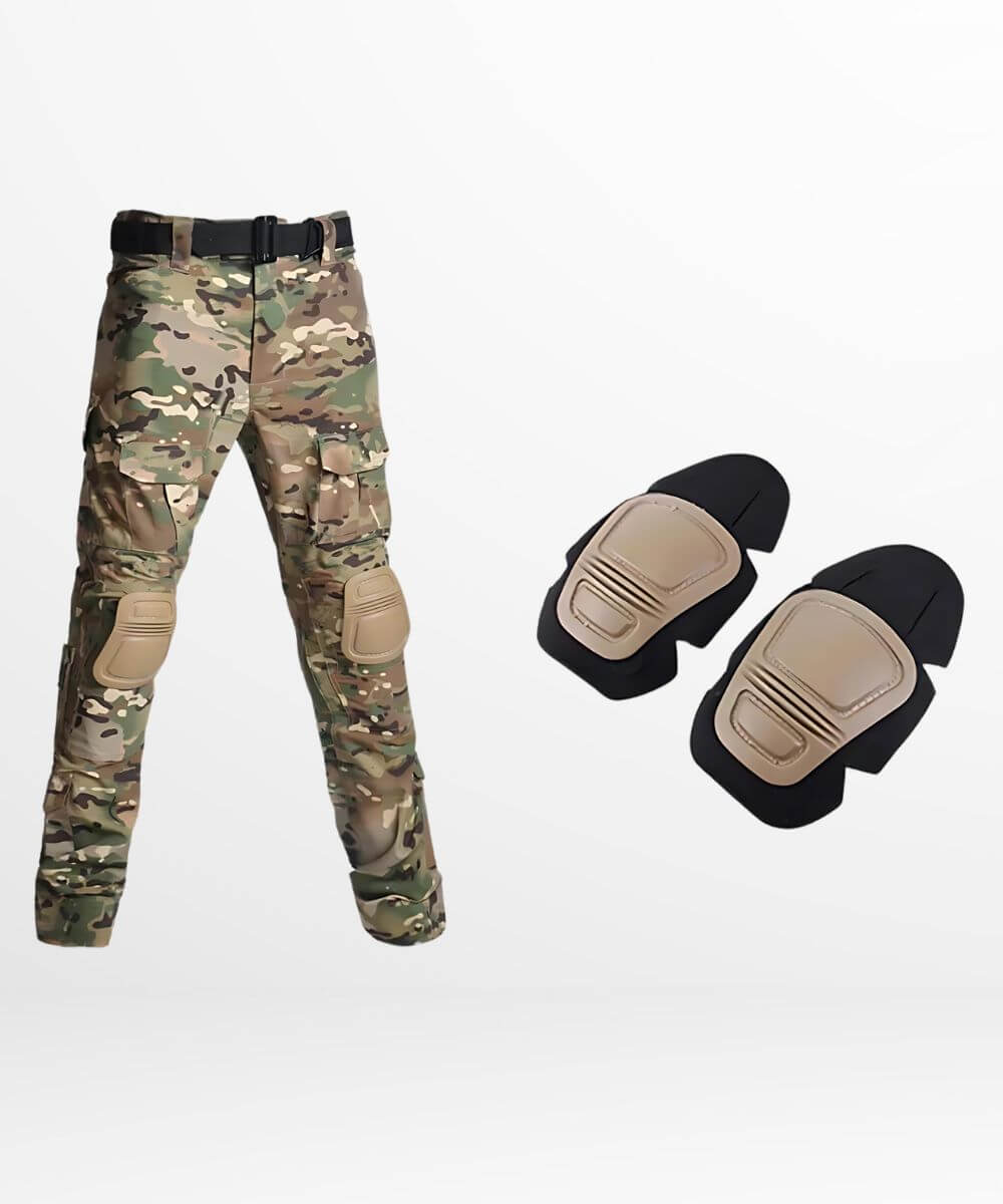 Men's camo hunting pants with detachable knee pads and cuffed ankles for snug fit.