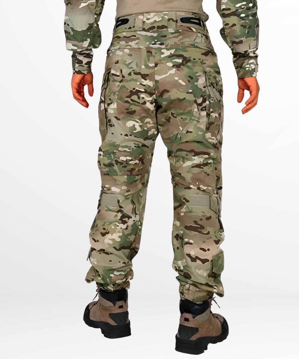 Back view of camouflage hunting pants for men featuring knee pads and secure pockets.