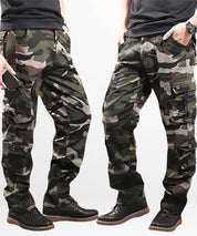 Group side view of men wearing cargo camo pants, emphasizing the roomy side pockets and durable material.
