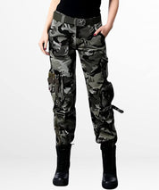 Stylish woman modeling Cargo Camo Pants Women with a casual front pocket design in urban grey camouflage, paired with a slim belt.