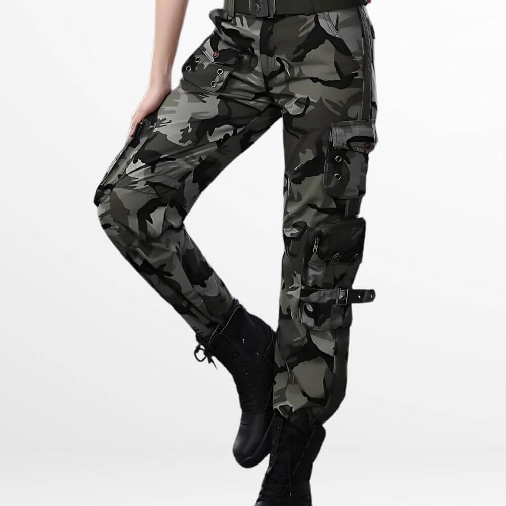 Trendsetting Cargo Camo Pants Women with a high-waisted design and cuffed ankles, perfect for a streetwear-inspired look.
