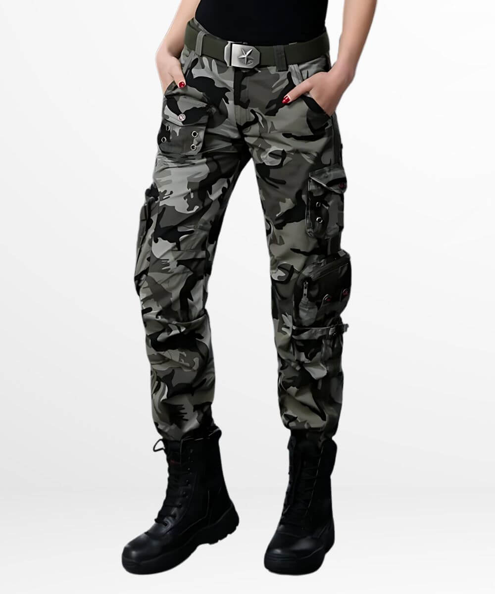 Side view of Cargo Camo Pants Women featuring spacious utility pockets and a comfortable fit, in trendy urban grey camo.