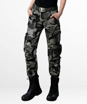 Side view of Cargo Camo Pants Women featuring spacious utility pockets and a comfortable fit, in trendy urban grey camo.