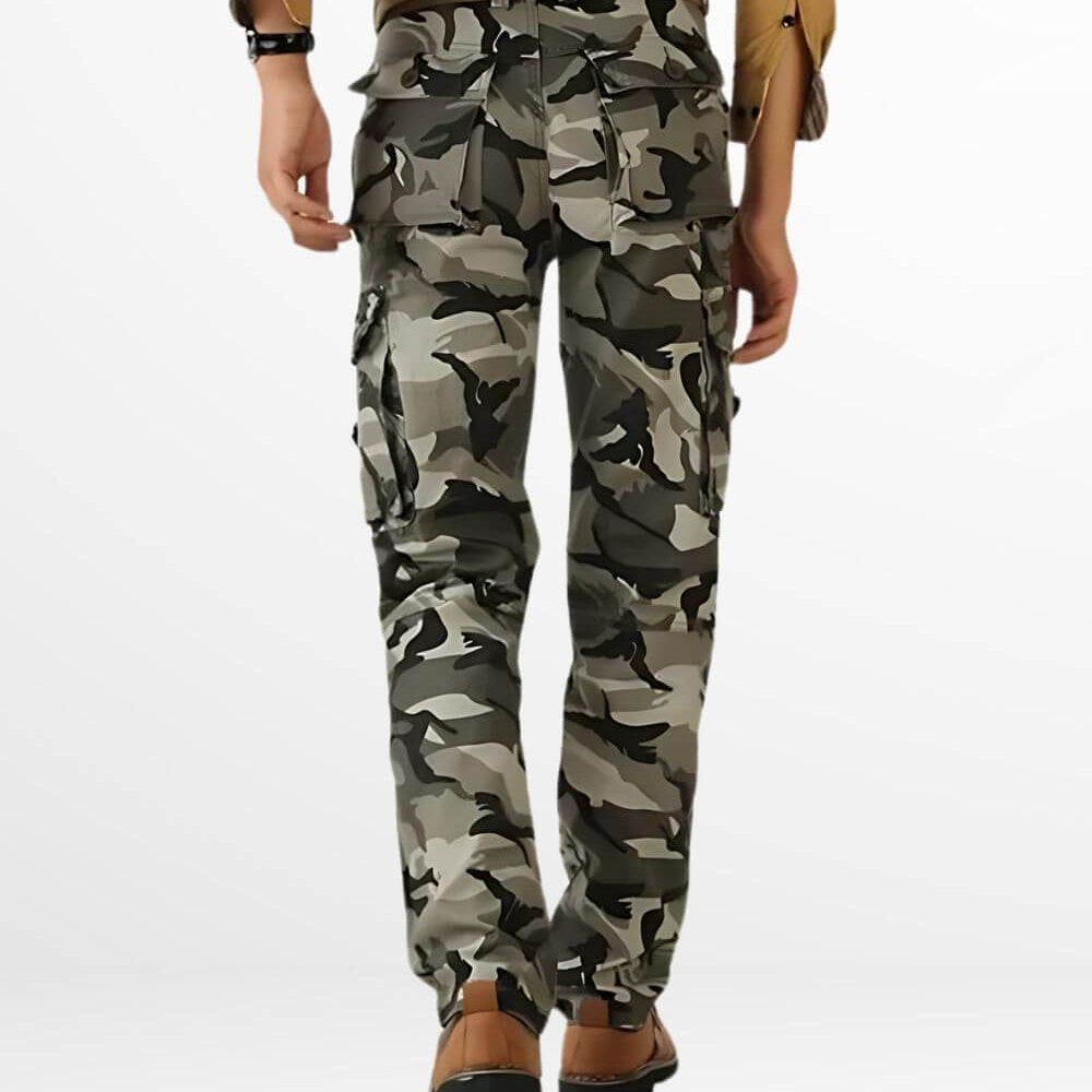 Back view showcasing the detailed pockets and belt loops on cargo pants for men in camo, perfect for functional fashion in outdoor settings.