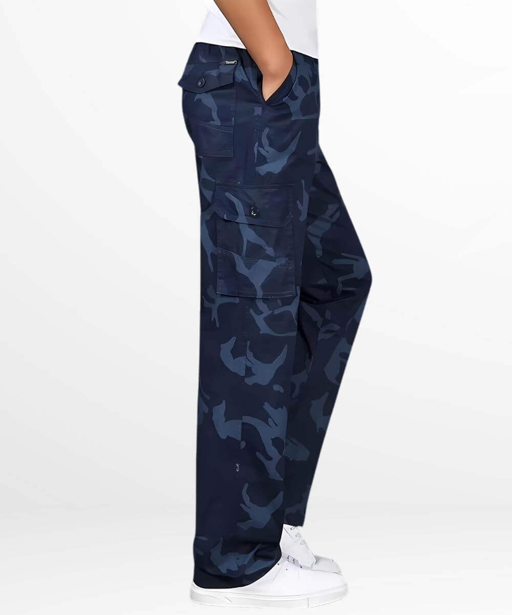 A relaxed stance in navy blue camo cargo pants with a white t-shirt, blending comfort with the urban appeal of camo print for everyday wear.