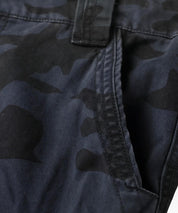 Close-up of the fabric texture on navy blue camo pants highlighting the quality and pattern.