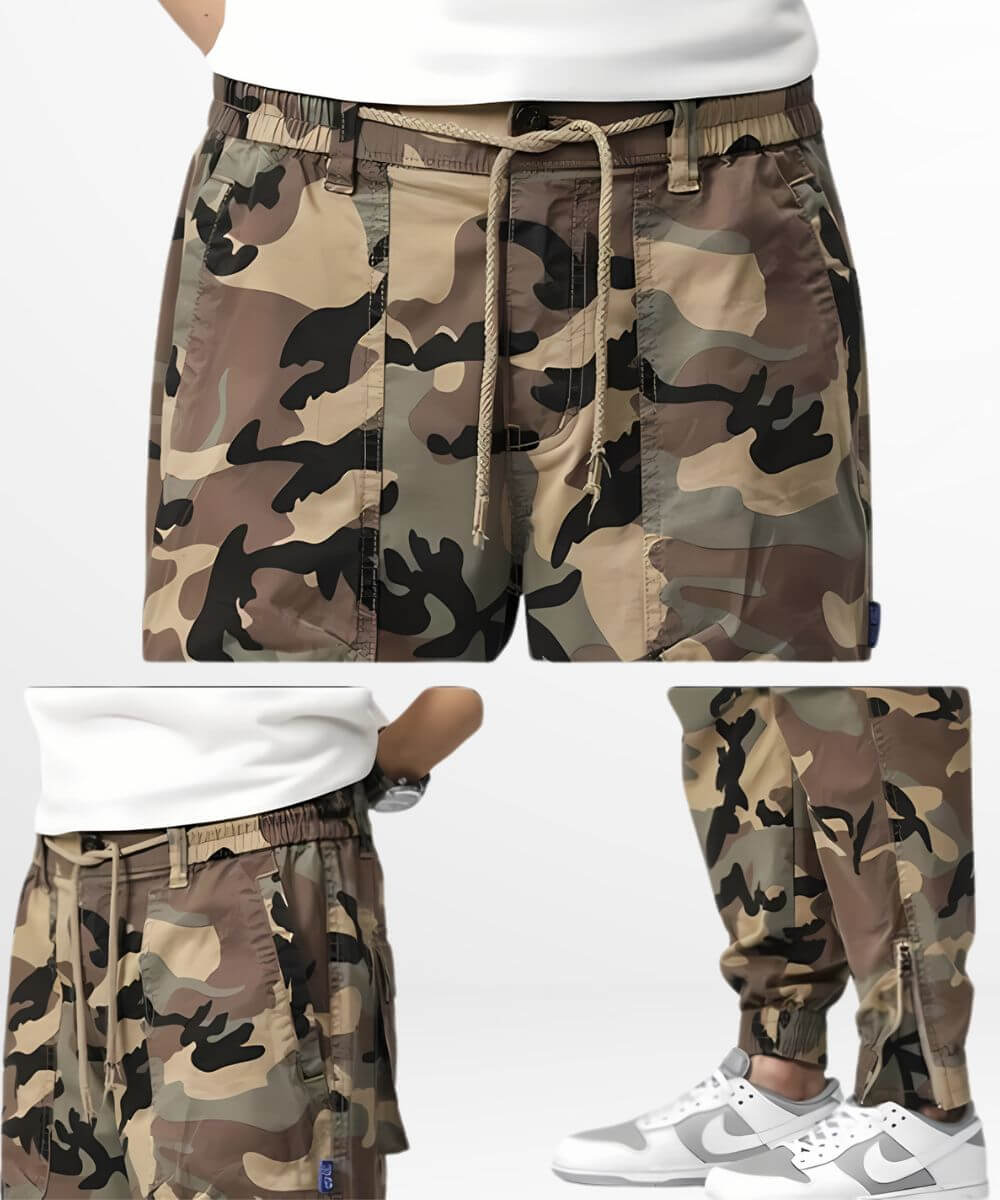 Close-up of camouflage cargo pants with drawstring waist detail, focusing on the texture and pattern for a fashionable urban appearance.