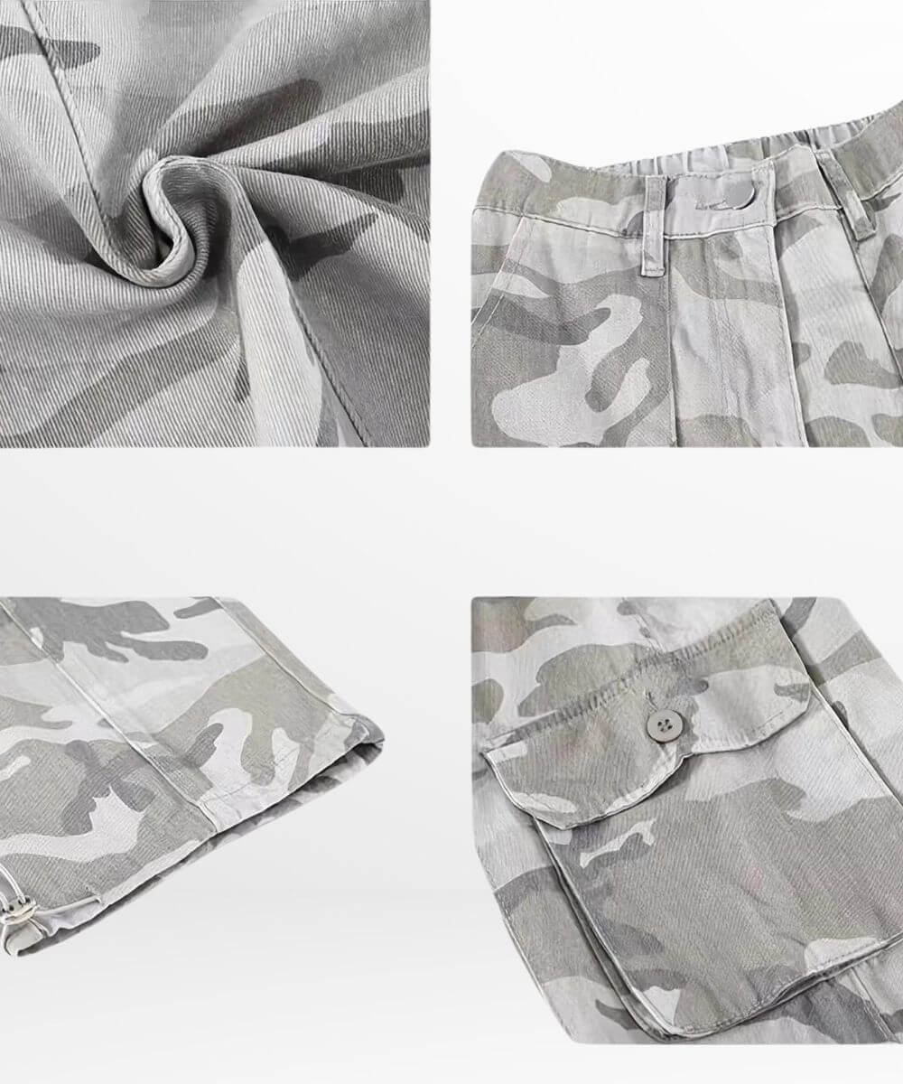 Close-up texture detail of women's grey camo cargo pants, showcasing the quality of the fabric and camo pattern.