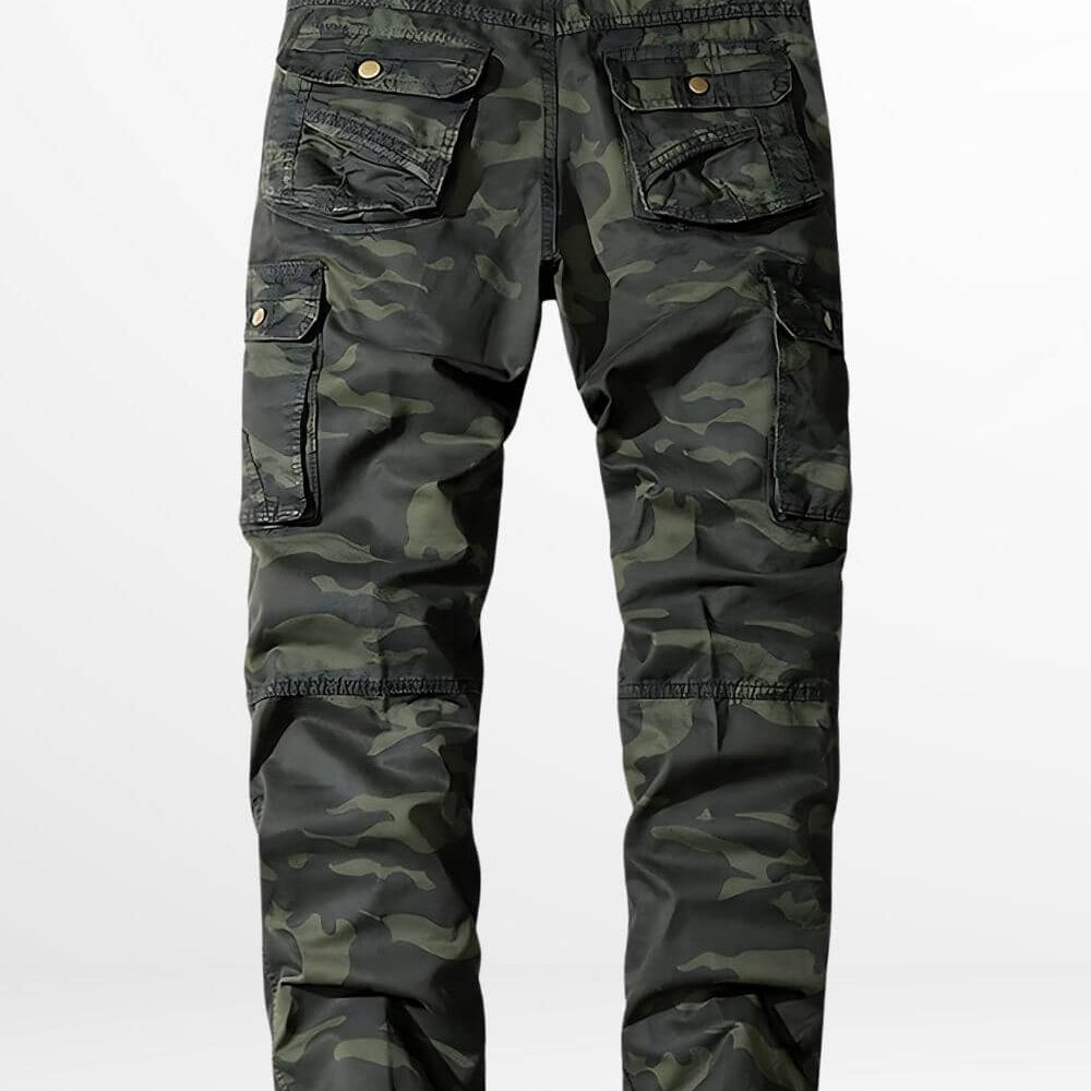 Men's dark green camo cargo pants with pockets and belt loops, back view