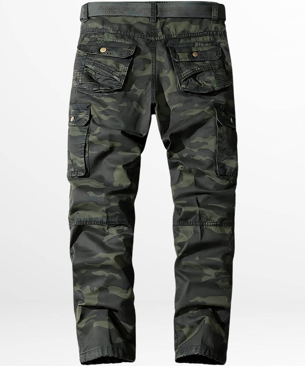 Men's dark green camo cargo pants with pockets and belt loops, back view