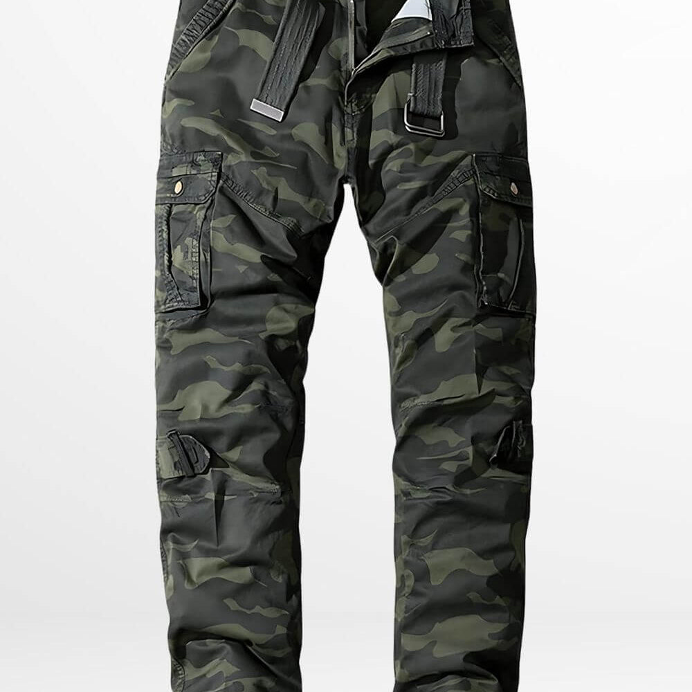 Men's dark green camo cargo pants with pockets and belt loops, front view
