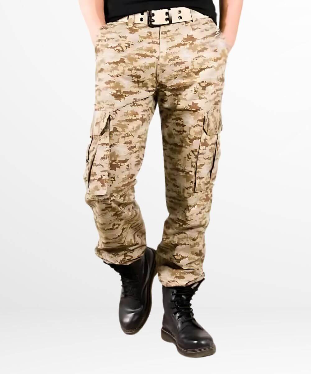 Fashionable desert camo cargo pants paired with black combat boots for a military-inspired style.
