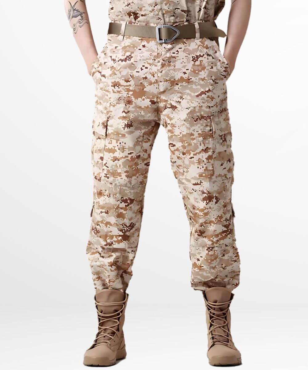 Men's tactical desert digital camouflage pants with tan combat boots.
