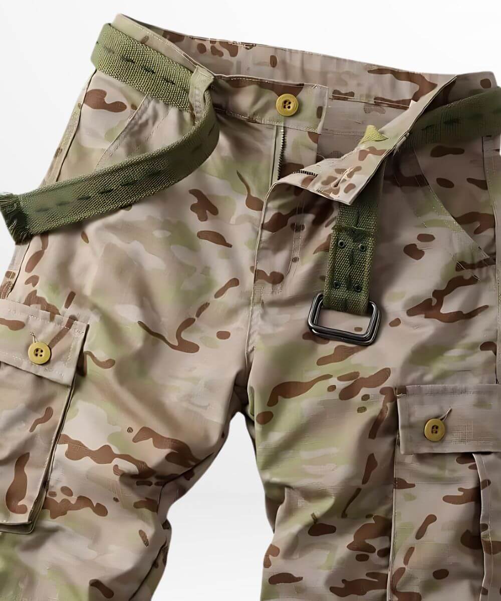 Close-up on the utility pocket of army desert camo pants, showing off the tactical functionality and camouflage pattern.