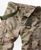 Close-up on the utility pocket of army desert camo pants, showing off the tactical functionality and camouflage pattern.
