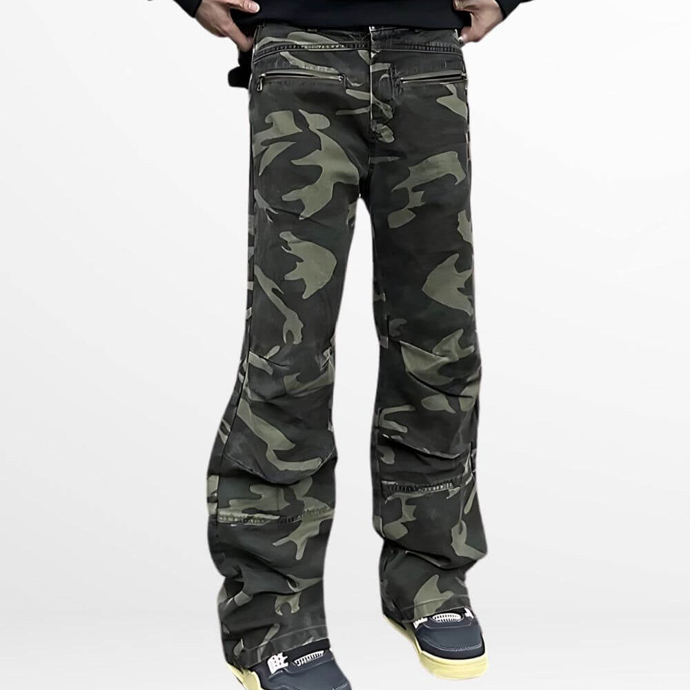 Model wearing flared camo cargo pants paired with a black sweatshirt, showcasing a casual and trendy look.