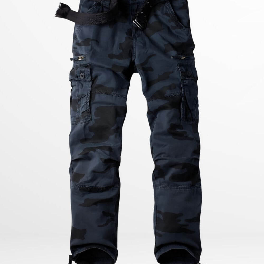 Front view of navy blue camo cargo pants with multiple pockets and a relaxed fit.