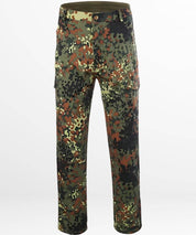 Angled front view of green camo pants for men, featuring a bold camo print and a relaxed hip area.