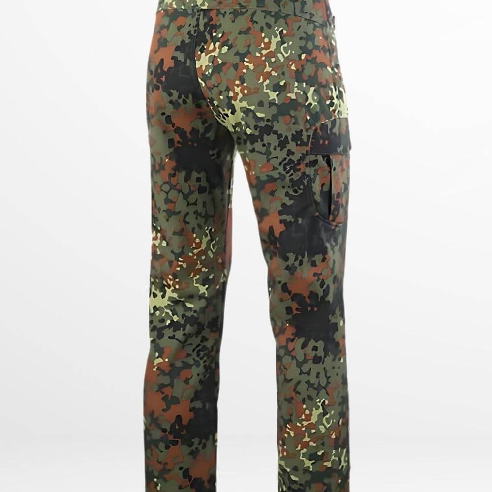 Rear view of green camo pants for men showcasing flap back pockets and a contoured waistband.