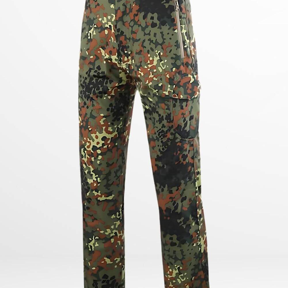 Front view of green camo pants for men with a modern digital camouflage pattern and a straight leg fit.