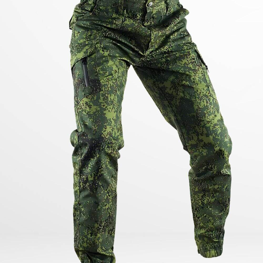 Men's Green Digital Camo Pants front view, styled with a casual white tee and ribbed cuffs.