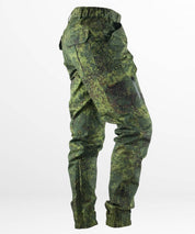 Side view of Men's Green Digital Camo Pants with cargo pocket detailing and a snug fit.