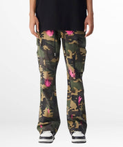 Front view of green and pink camouflage pants with drawstring and sneaker details.