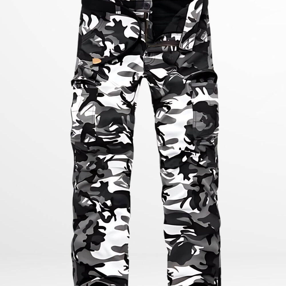 Trendy grey and white camo cargo pants with a sleek design and belt, suitable for contemporary urban fashion.