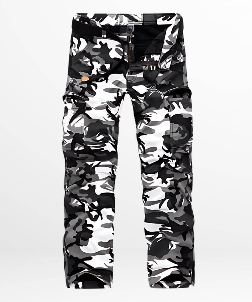 Trendy grey and white camo cargo pants with a sleek design and belt, suitable for contemporary urban fashion.