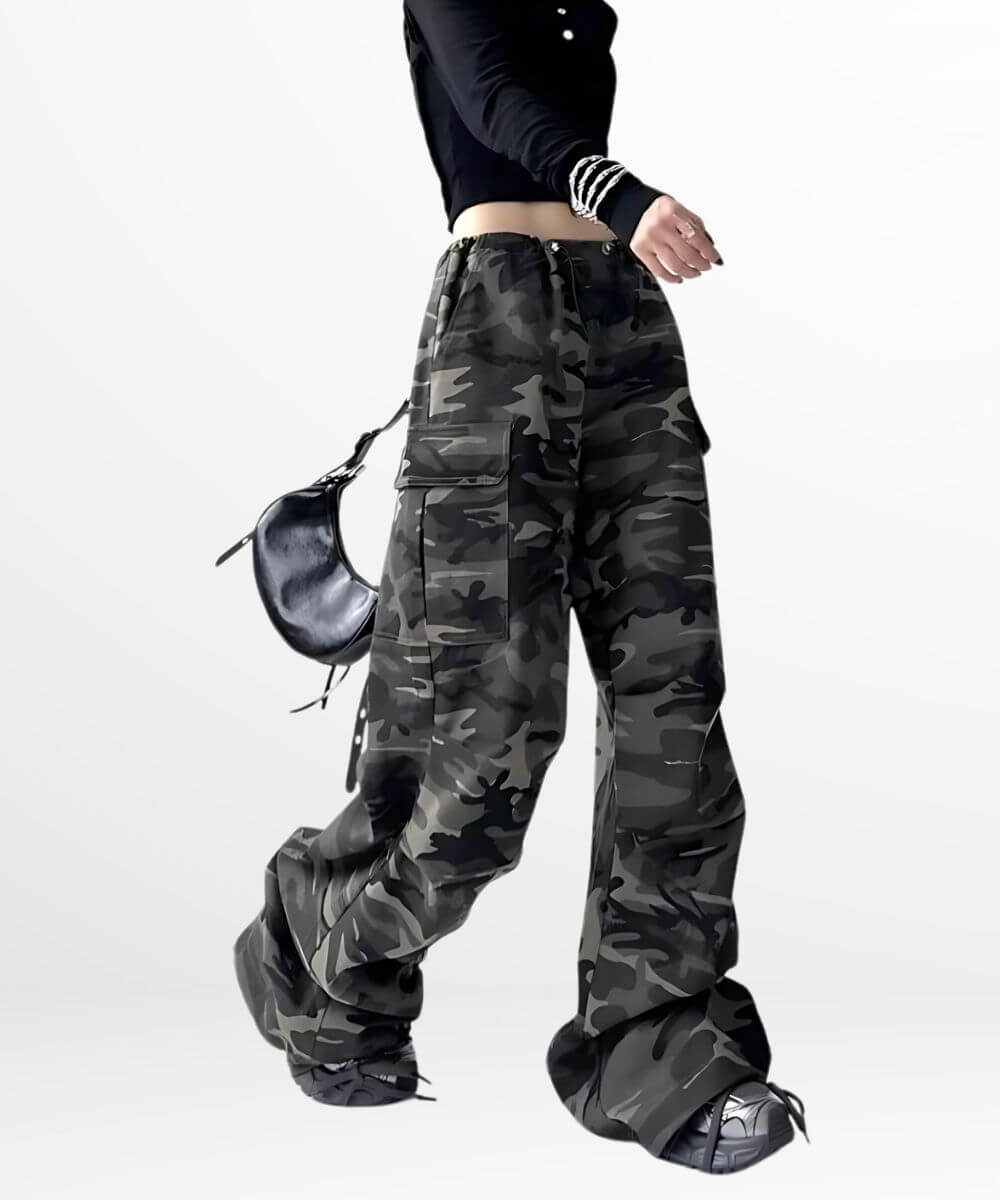 A woman in trendy Plus-Size Camouflage Pants For Women with cargo pockets.