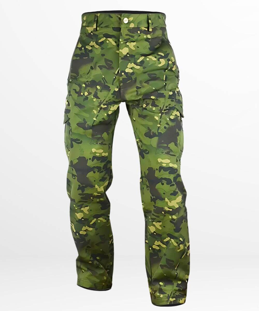 Front view of men's cargo hunting camo pants with green and brown pattern.