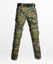 Digital camo hunting pants equipped with green knee pads, ideal for rugged outdoor activities.