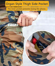 Detailed view of U-shaped pocket line on jungle camouflage pants, emphasizing practicality and style.