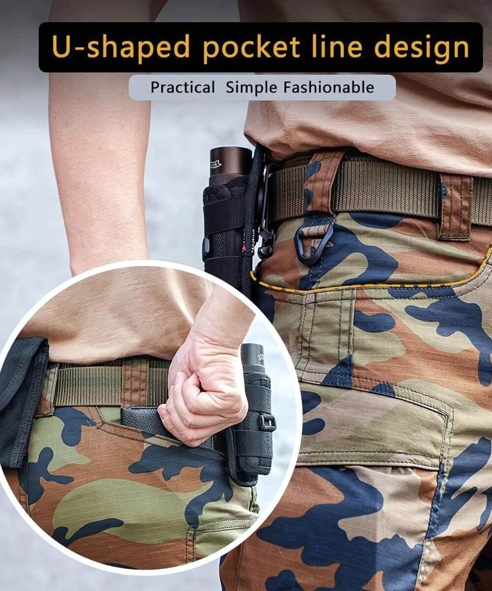 Organ style thigh side pocket on jungle camouflage pants, designed to secure small items.