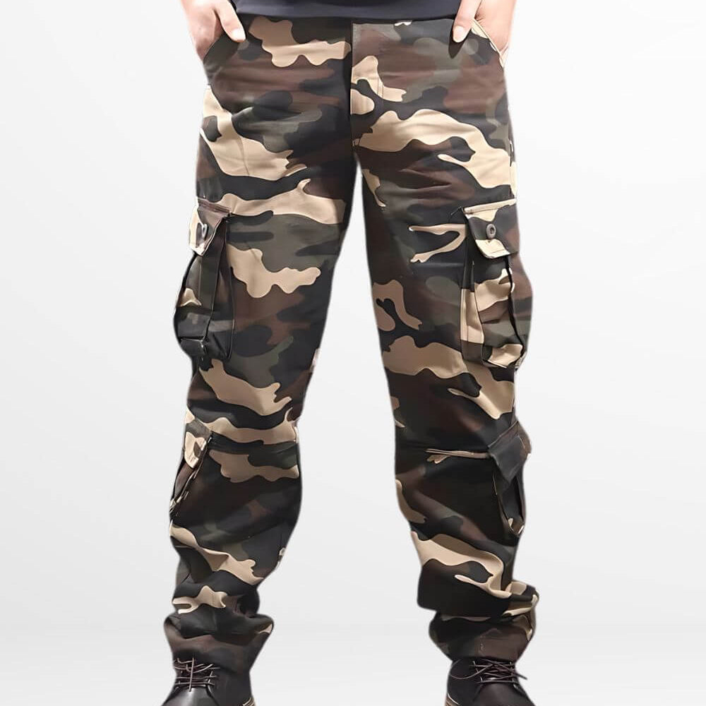 Front view of khaki cargo and camo pants for men with chunky black boots.