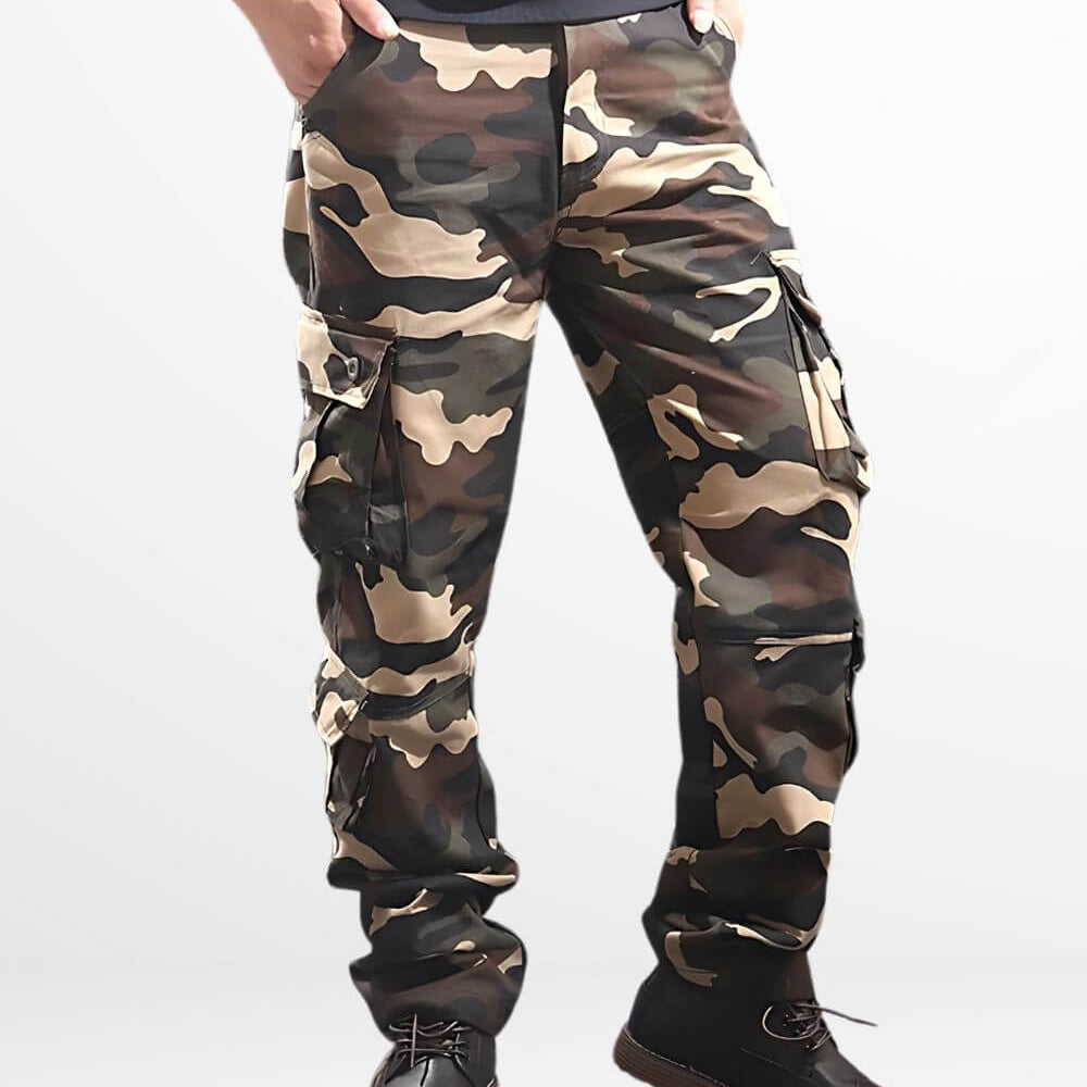 Side view of khaki cargo and camo pants for men, displaying the utility pockets and fit.