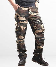 Side view of khaki cargo and camo pants for men, displaying the utility pockets and fit.