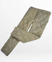 Folded men's khaki quilted snow pants highlighting the insulated design, ideal for winter wear.