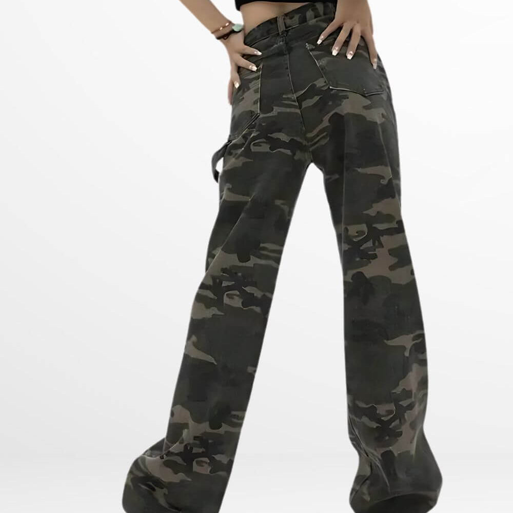 Back view of a woman wearing loose fit camo cargo pants, showing off the relaxed silhouette and back pocket details.