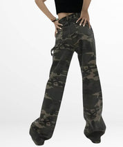 Back view of a woman wearing loose fit camo cargo pants, showing off the relaxed silhouette and back pocket details.